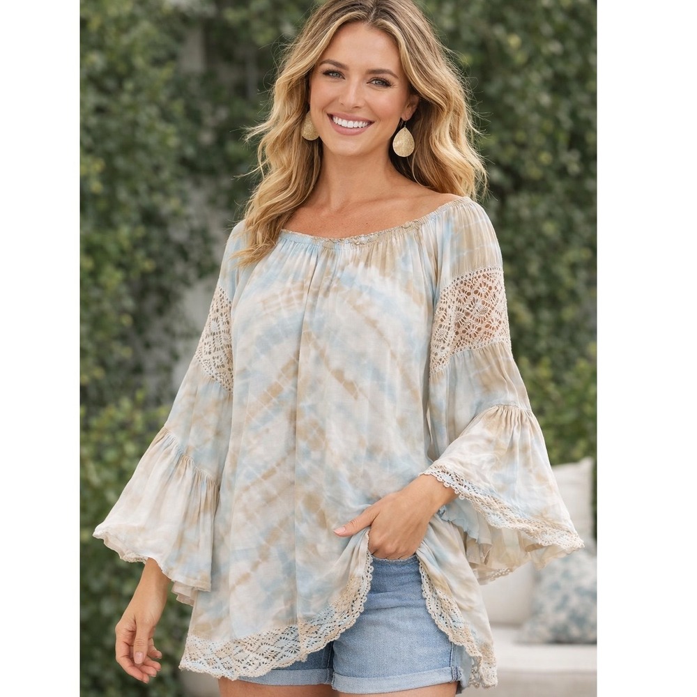 Surf Gypsy Ruffled Bell Sleeve‎ Tye Dye Blouse Tunic Crochet Detail Size Medium